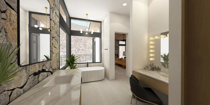 Bathroom, Dual Sink Vanities, Free Standing Baths, Interior, Pendant Lights, Recessed Lighting