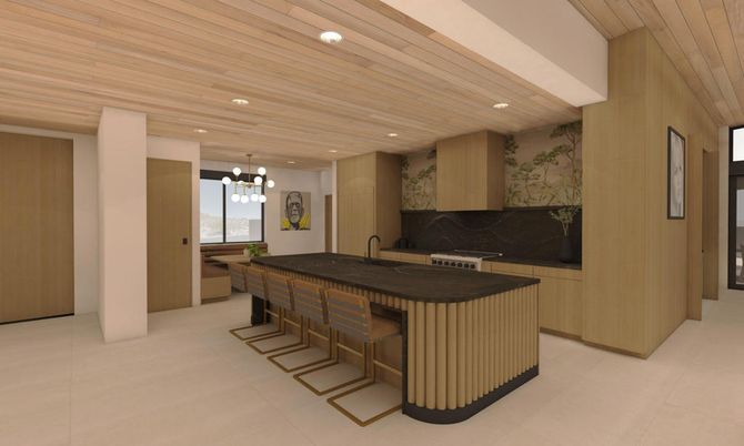 Interior, Kitchen, Marble Walls, Pendant Lights, Recessed Lighting, Wooden Ceilings