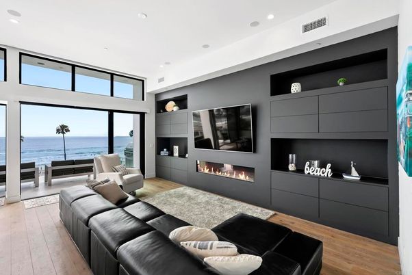 Fireplace, Interior, Living room, Recessed Lighting, Water, Wood Texture Flooring