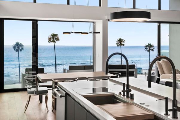 Dining room, Interior, Kitchen, Pendant Lights, Water, Wood Texture Flooring