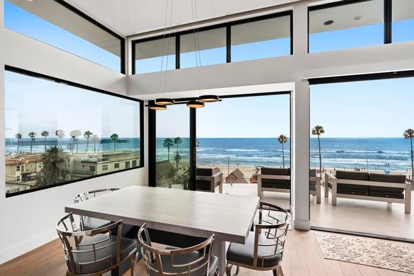 Dining room, Interior, Pendant Lights, Water, Wood Texture Flooring