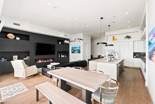 Fireplace, Interior, Kitchen, Living room, Pendant Lights, Recessed Lighting, Wood Texture Flooring