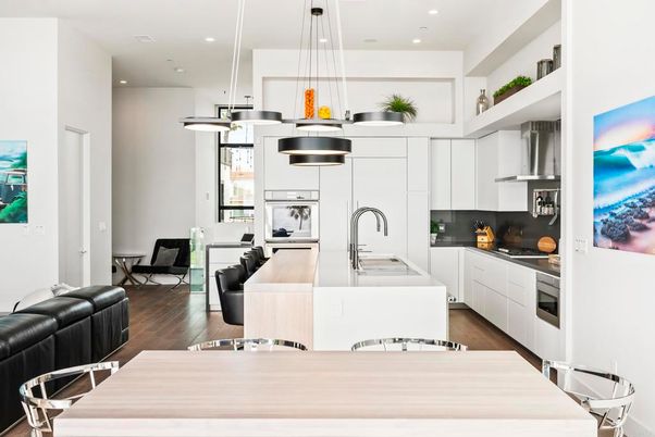 Interior, Kitchen, Living room, Pendant Lights, Recessed Lighting, Stainless Steel Appliances, Wood Texture Flooring
