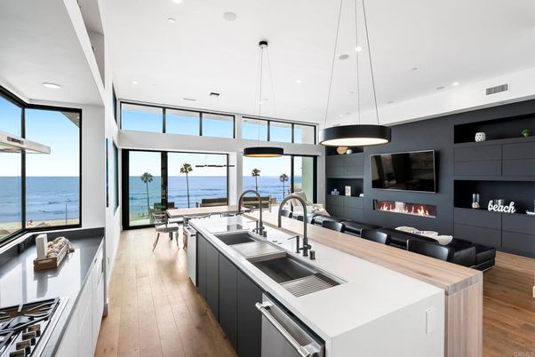 Fireplace, Interior, Kitchen, Pendant Lights, Recessed Lighting, Water, Wood Texture Flooring