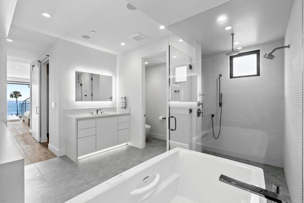 Bathroom, Dual Sink Vanities, Glass Shower, Interior, Pendant Lights, Recessed Lighting, Water