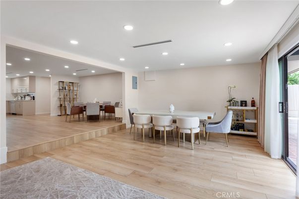 Dining room, Interior, Recessed Lighting, Wood Texture Flooring