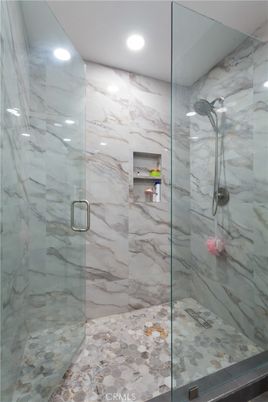 Bathroom, Glass Shower, Interior, Marble Walls, Recessed Lighting