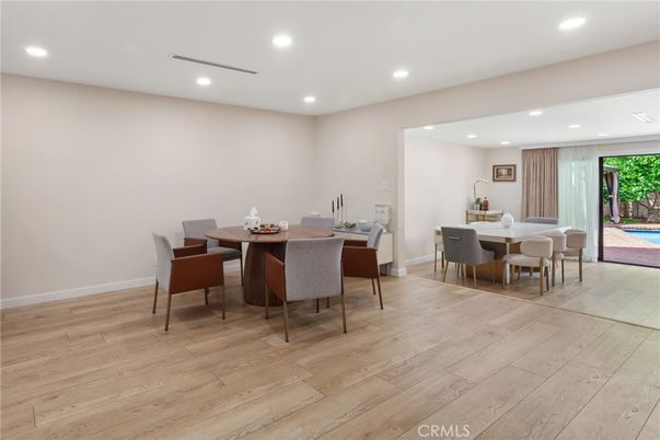 Dining room, Interior, Recessed Lighting, Wood Texture Flooring