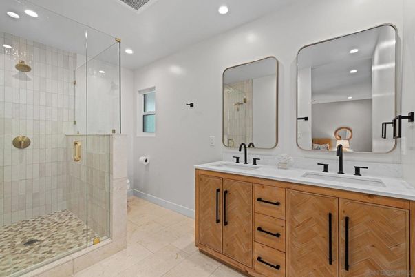 Bathroom, Dual Sink Vanities, Glass Shower, Interior, Recessed Lighting