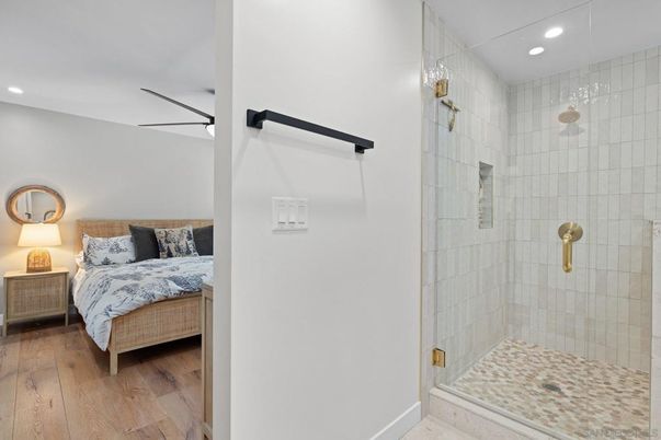 Bathroom, Bedroom, Glass Shower, Interior, Recessed Lighting, Wood Texture Flooring