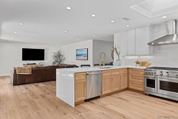 Interior, Kitchen, Living room, Recessed Lighting, Stainless Steel Appliances, Wood Texture Flooring