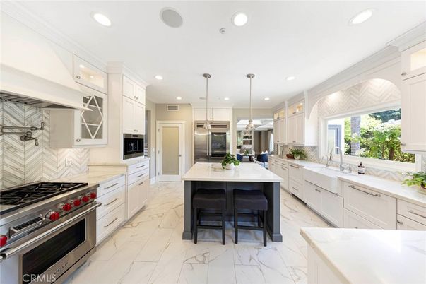 Interior, Kitchen, Marble, Pendant Lights, Recessed Lighting, Stainless Steel Appliances