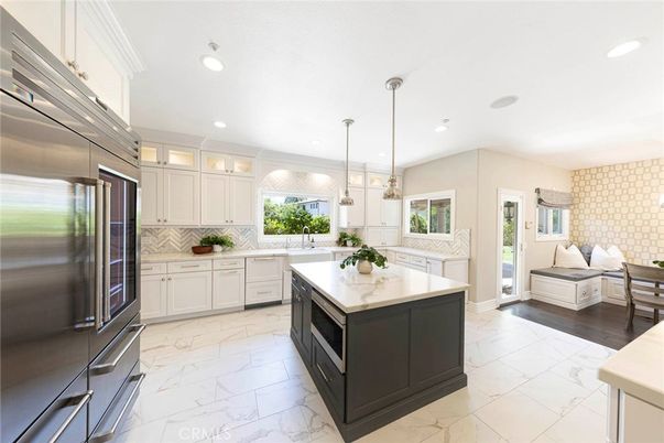 Interior, Kitchen, Marble, Pendant Lights, Recessed Lighting, Stainless Steel Appliances