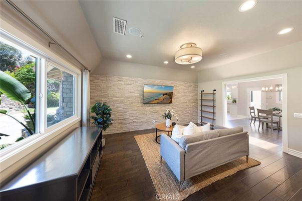Dining room, Interior, Living room, Recessed Lighting, Stone Walls, Wood Texture Flooring