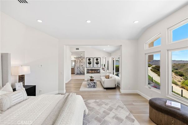 Bedroom, Fireplace, Interior, Recessed Lighting, Wood Texture Flooring