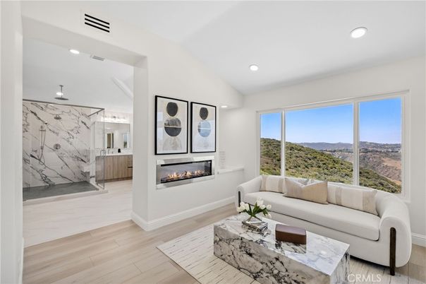 Bathroom, Fireplace, Interior, Living room, Marble Walls, Recessed Lighting, Wood Texture Flooring
