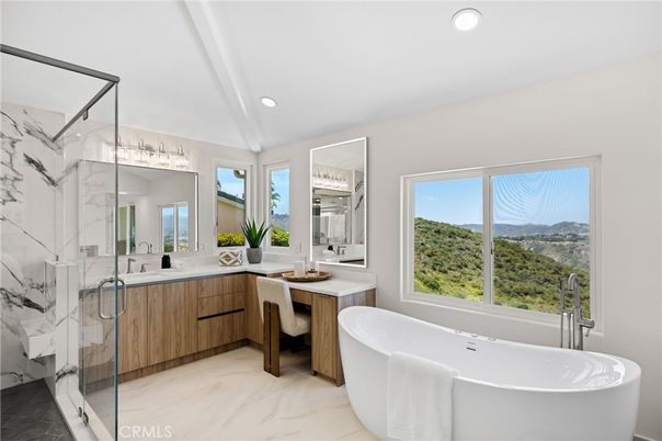 Bathroom, Dual Sink Vanities, Free Standing Baths, Glass Shower, Interior, Marble, Marble Walls, Recessed Lighting