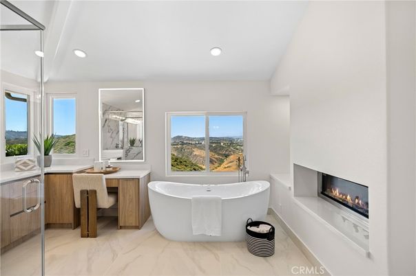Bathroom, Fireplace, Free Standing Baths, Interior, Marble, Marble Walls, Recessed Lighting