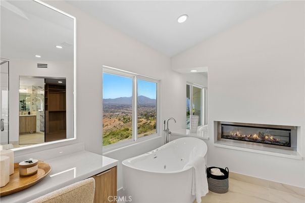 Bathroom, Fireplace, Free Standing Baths, Glass Shower, Interior, Recessed Lighting