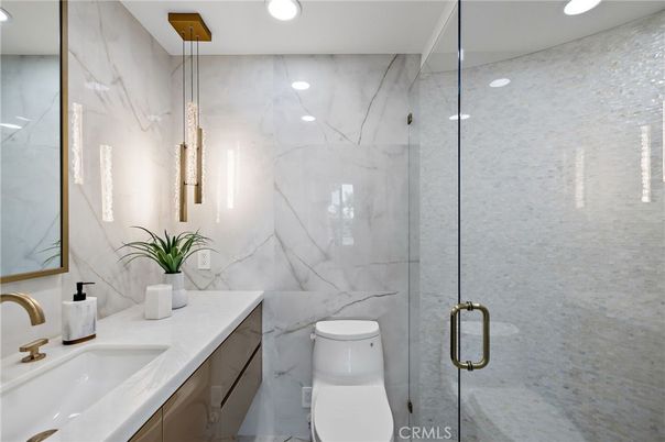 Bathroom, Glass Shower, Interior, Marble Walls, Recessed Lighting
