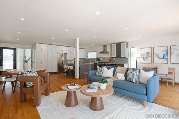 Dining room, Interior, Kitchen, Living room, Recessed Lighting, Stainless Steel Appliances, Wood Texture Flooring
