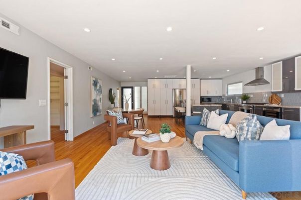 Interior, Kitchen, Living room, Recessed Lighting, Stainless Steel Appliances, Wood Texture Flooring