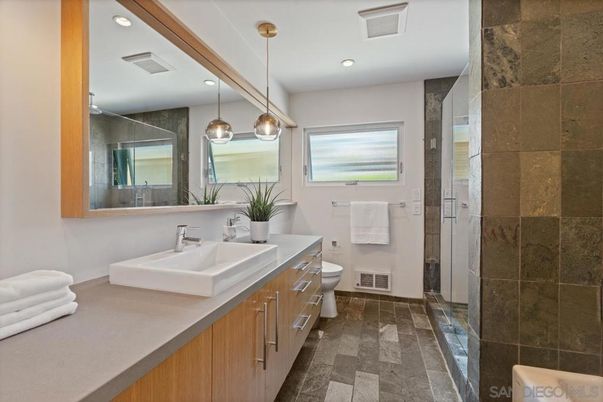 Bathroom, Dual Sink Vanities, Glass Shower, Interior, Pendant Lights, Recessed Lighting