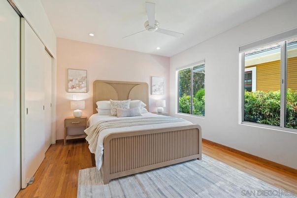 Bedroom, Interior, Recessed Lighting, Wood Texture Flooring