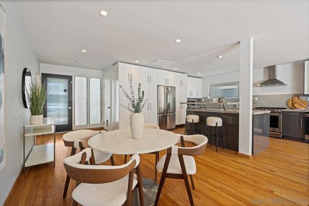 Dining room, Interior, Kitchen, Recessed Lighting, Stainless Steel Appliances, Wood Texture Flooring
