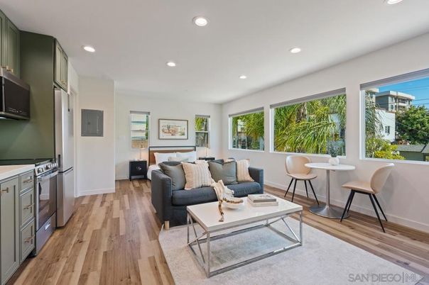 Interior, Kitchen, Living room, Recessed Lighting, Stainless Steel Appliances, Wood Texture Flooring