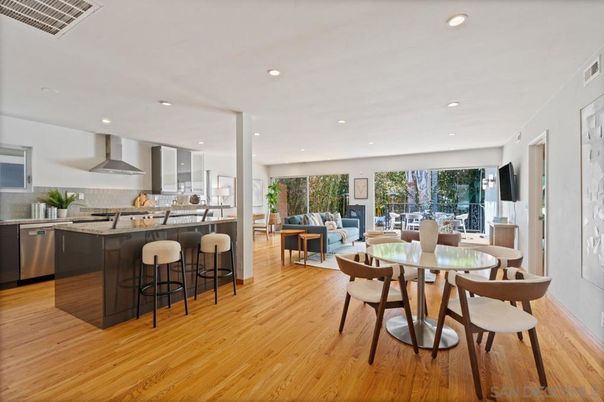 Dining room, Interior, Kitchen, Recessed Lighting, Stainless Steel Appliances, Wood Texture Flooring