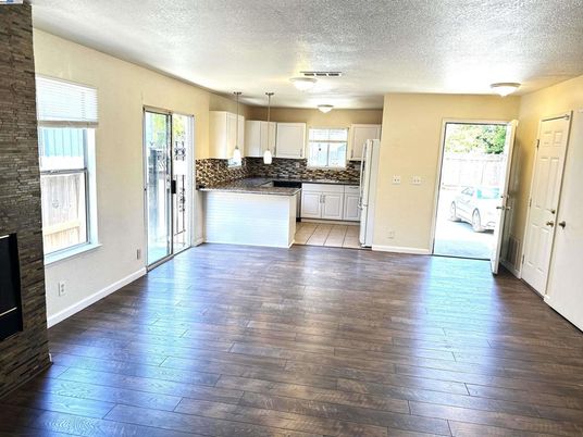 Empty room, Interior, Kitchen, Pendant Lights, Wood Texture Flooring