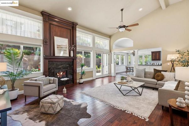 Fireplace, Interior, Living room, Recessed Lighting, Wood Texture Flooring