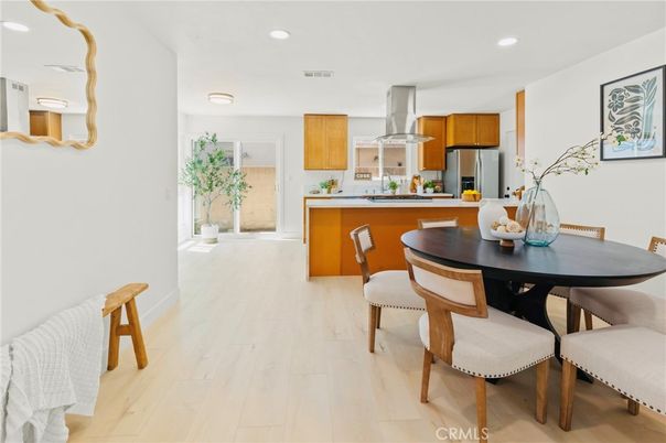 Dining room, Interior, Kitchen, Recessed Lighting, Stainless Steel Appliances, Wood Texture Flooring