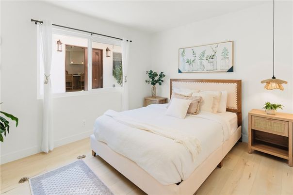 Bedroom, Interior, Pendant Lights, Wood Texture Flooring