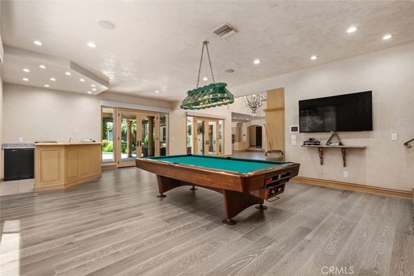 Billiard Table, Game Room, Interior, Pendant Lights, Recessed Lighting, Wood Texture Flooring