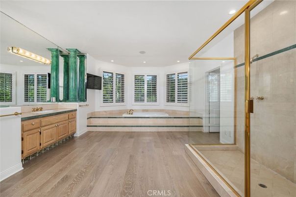 Bathroom, Glass Shower, Interior, Recessed Lighting, Wood Texture Flooring