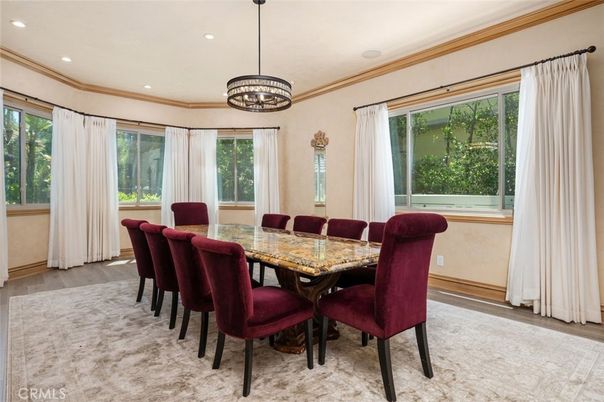 Dining room, Interior, Pendant Lights, Recessed Lighting, Wood Texture Flooring