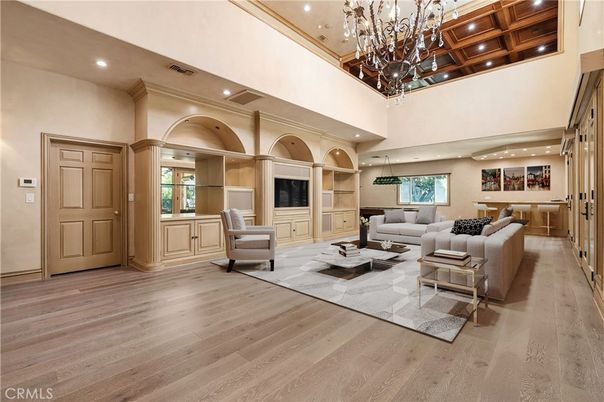 Chandelier, Interior, Living room, Recessed Lighting, Wooden Ceilings, Wood Texture Flooring