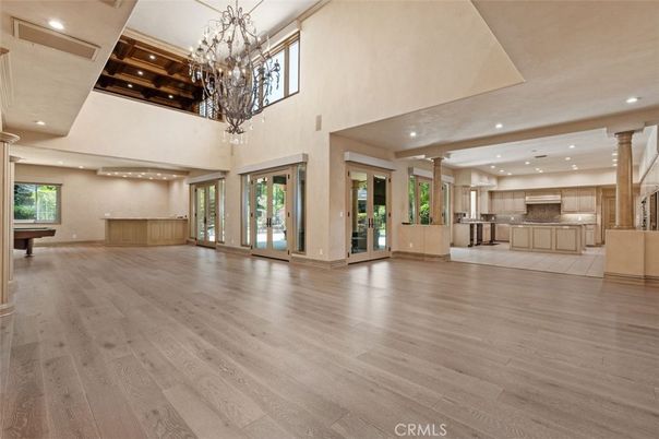 Chandelier, Interior, Kitchen, Recessed Lighting, Stainless Steel Appliances, Wood Texture Flooring