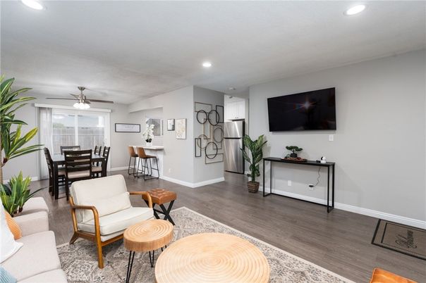 Dining room, Interior, Kitchen, Living room, Recessed Lighting, Stainless Steel Appliances, Wood Texture Flooring
