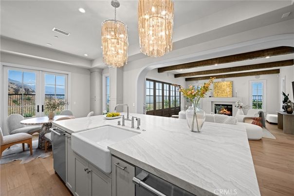 Chandelier, Dining room, Fireplace, Interior, Kitchen, Living room, Recessed Lighting, Wooden Beams, Wood Texture Flooring