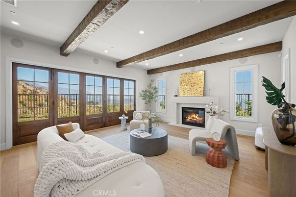 Fireplace, Interior, Living room, Recessed Lighting, Wooden Beams, Wood Texture Flooring