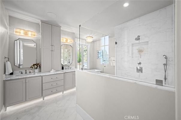Bathroom, Dual Sink Vanities, Glass Shower, Interior, Marble, Marble Walls, Recessed Lighting