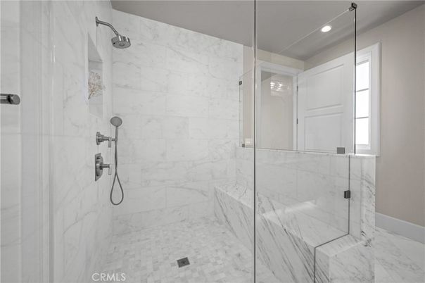 Bathroom, Glass Shower, Interior, Marble Walls, Recessed Lighting