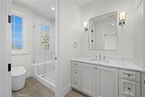 Bathroom, Glass Shower, Interior, Marble Walls, Recessed Lighting