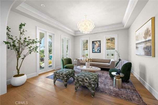 Chandelier, Interior, Living room, Recessed Lighting, Wood Texture Flooring
