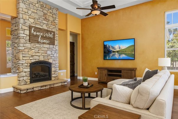 Fireplace, Interior, Living room, Stone Walls, Wood Texture Flooring