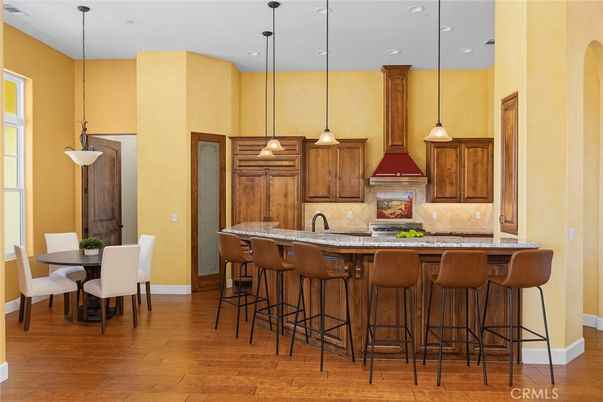 Dining room, Interior, Kitchen, Pendant Lights, Recessed Lighting, Wood Texture Flooring