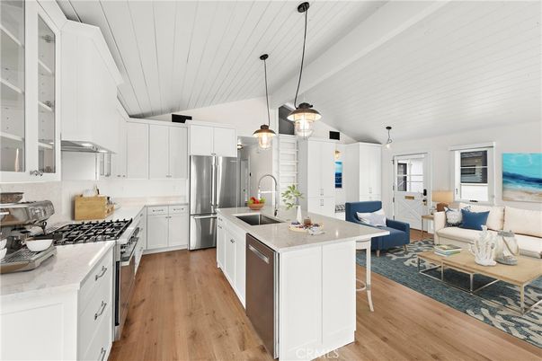 Interior, Kitchen, Living room, Pendant Lights, Stainless Steel Appliances, Wood Texture Flooring